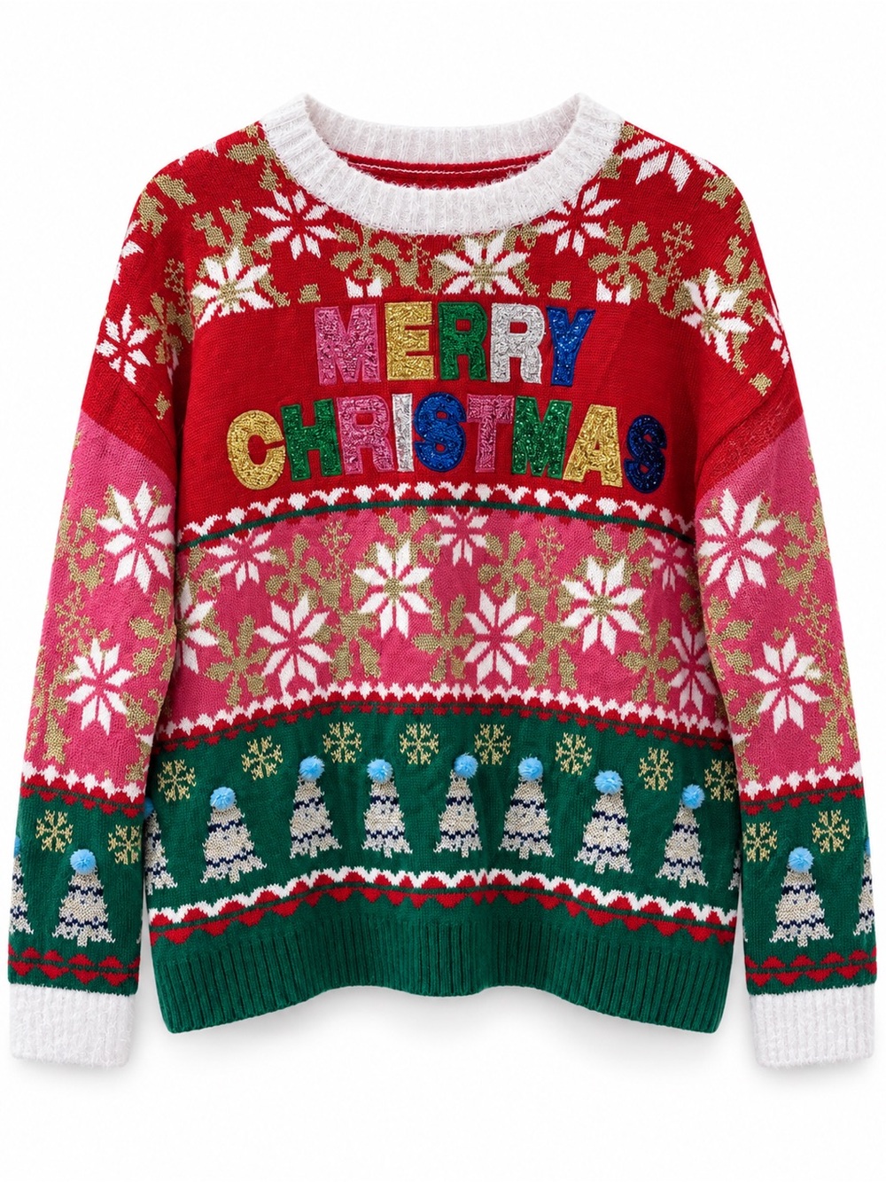 Holiday Time Merry Christmas Sequin Fair Isle Sweater Red Pink XL